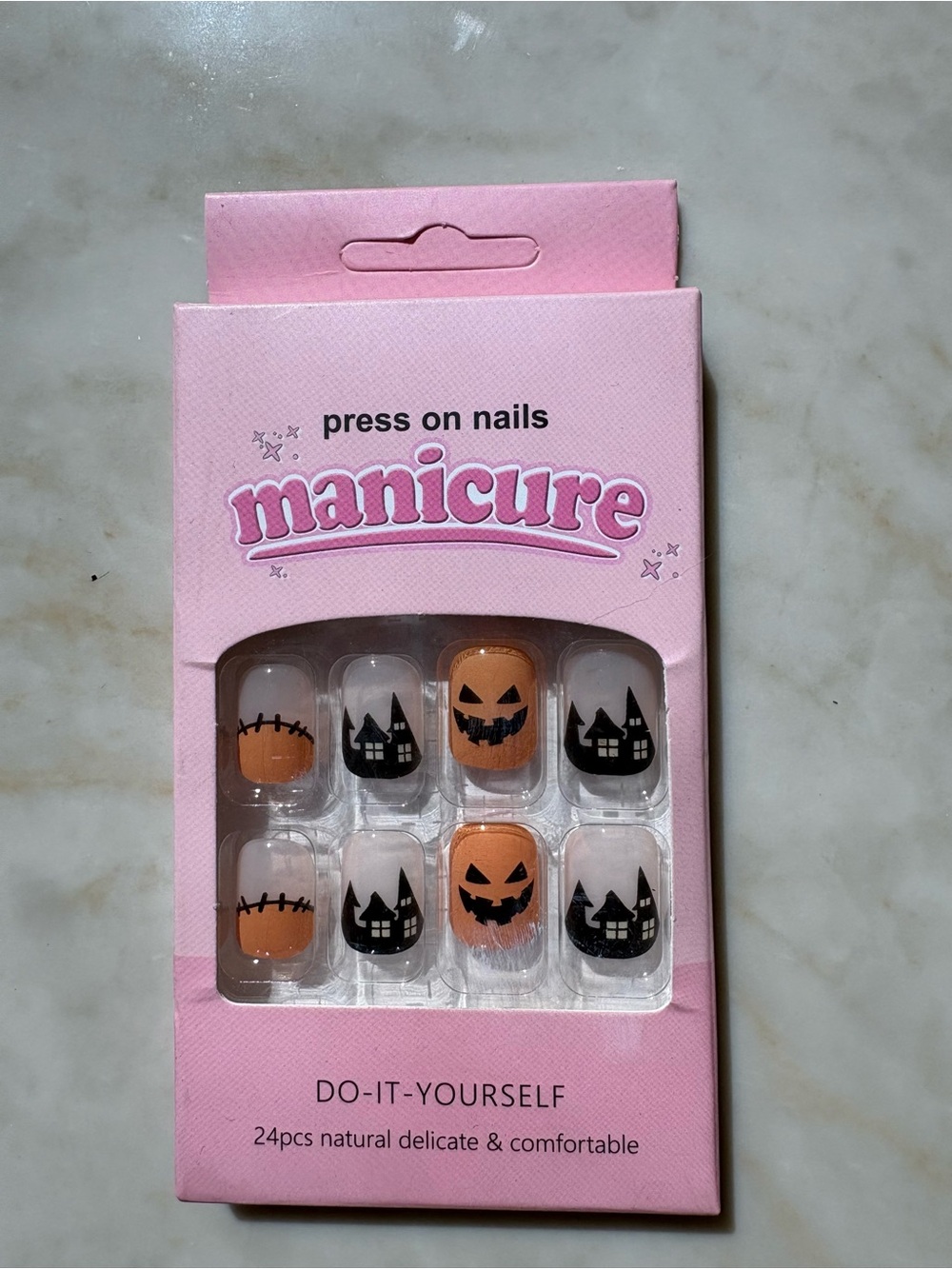 Press-On Nails - Halloween Pumpkin & Haunted House Design (Pink Packaging)